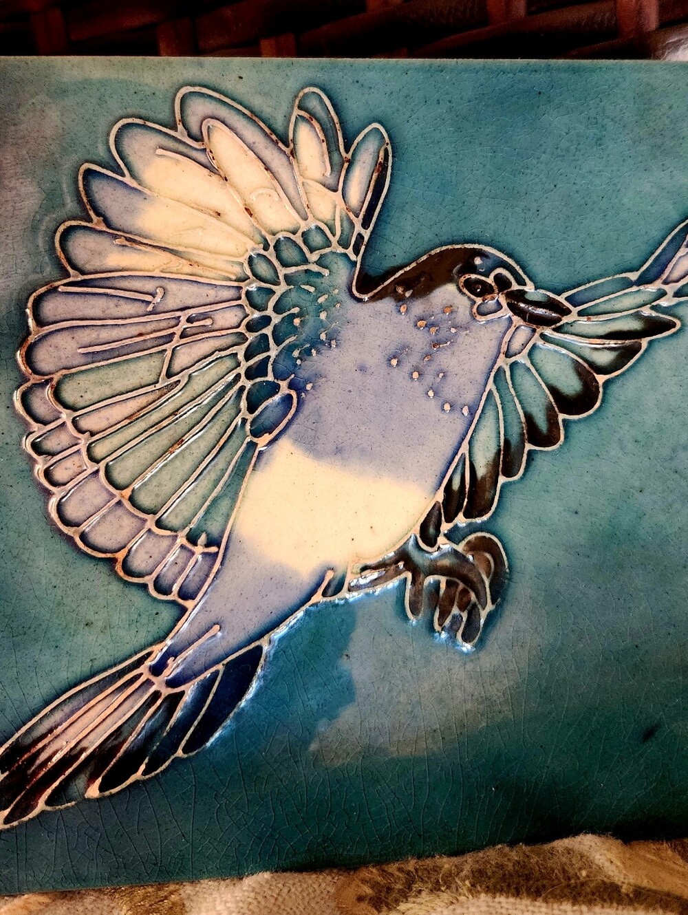 60's RAISED Blue Ceramic Bird Wall Art Raised MARKED Mexico Decorative Tile 6"